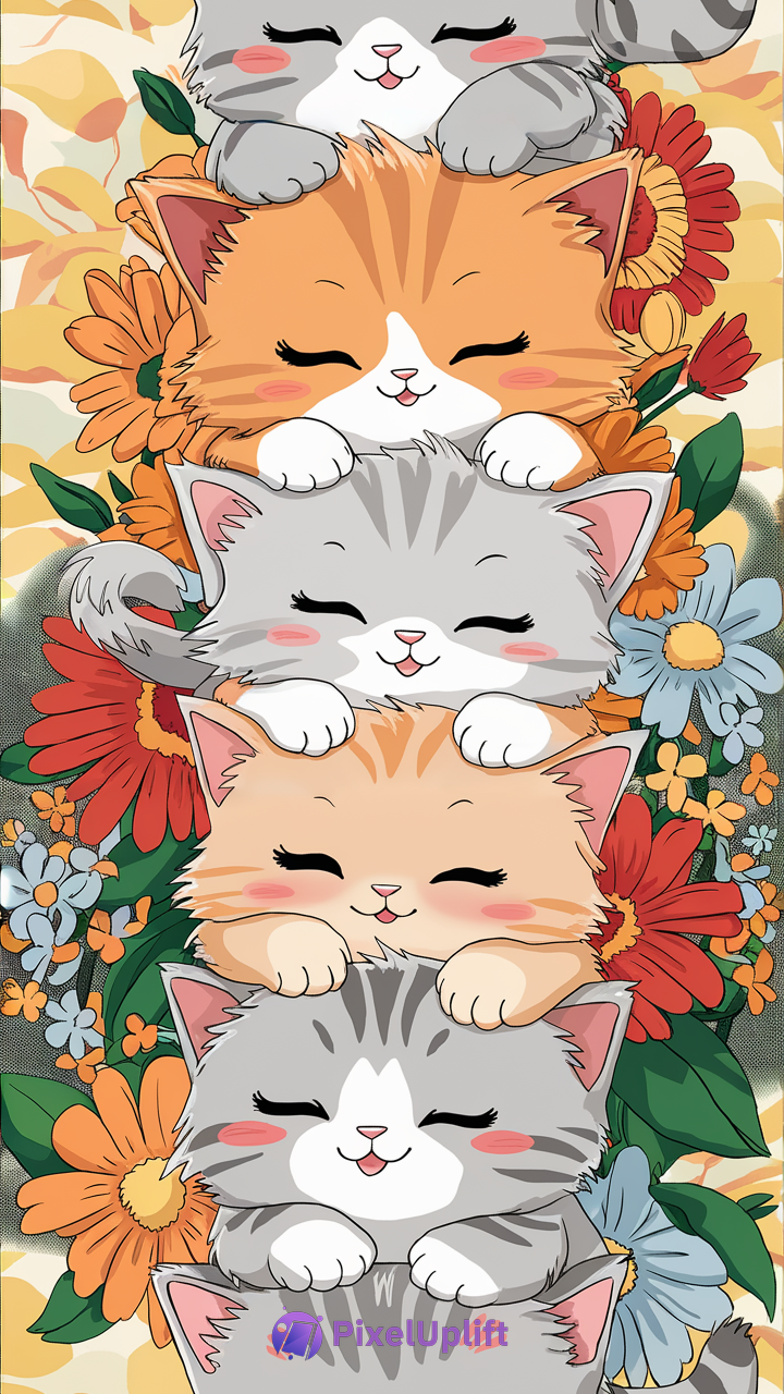 Cute phone wallpaper with five stacked happy sleeping kittens surrounded by colorful flowers