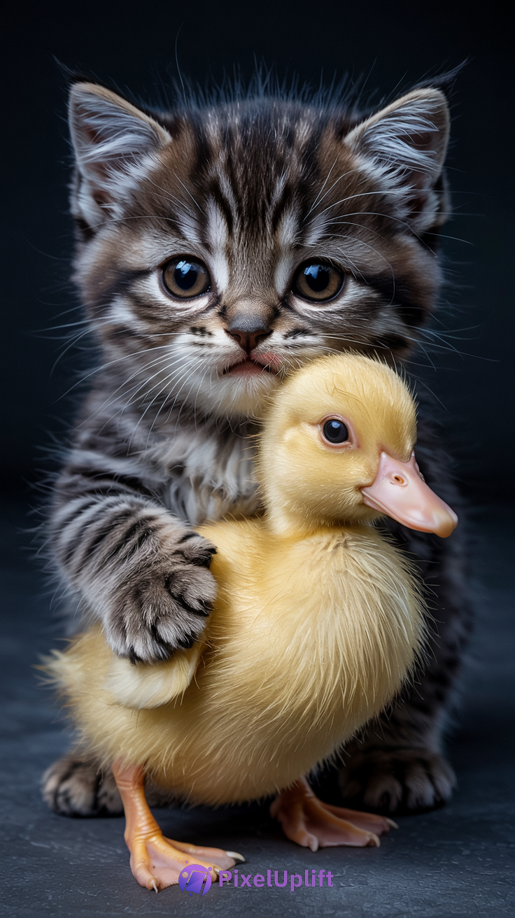 Close-up of an adorable striped kitten gently holding a fluffy yellow duckling against a dark background