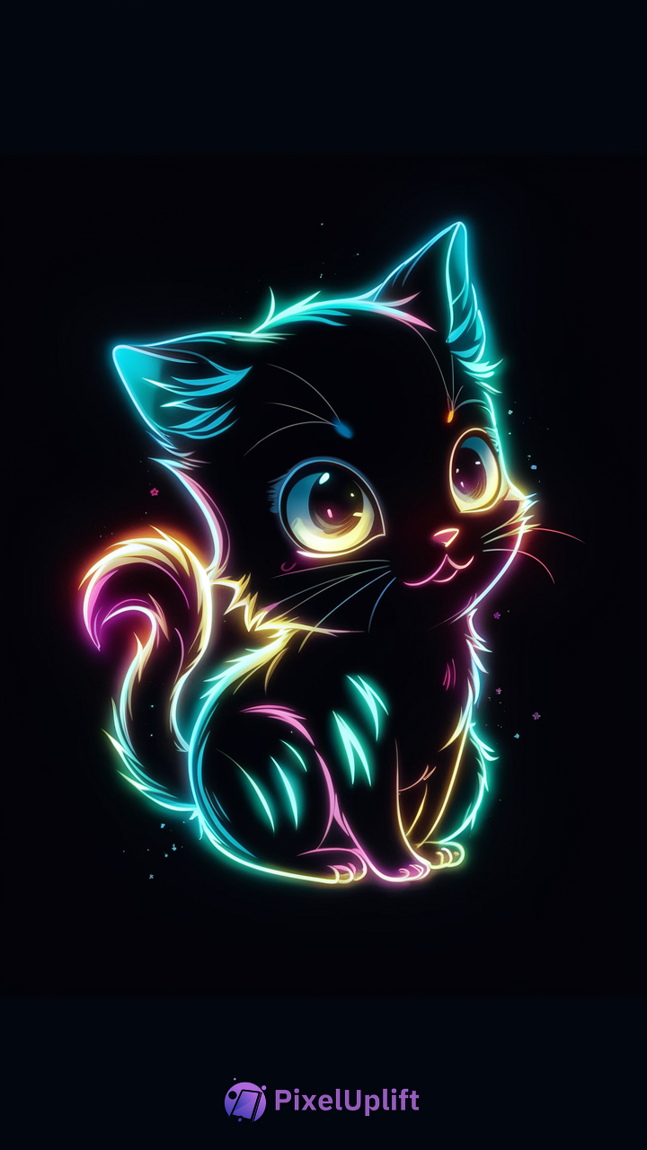 Cute cartoon-style black kitten with multicolor neon glow on black background phone wallpaper