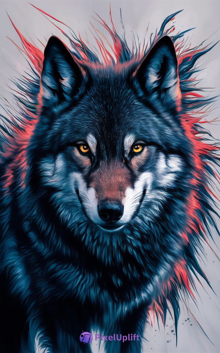 Artistic dark wolf phone wallpaper with piercing yellow eyes and dynamic blue and red fur on a light background