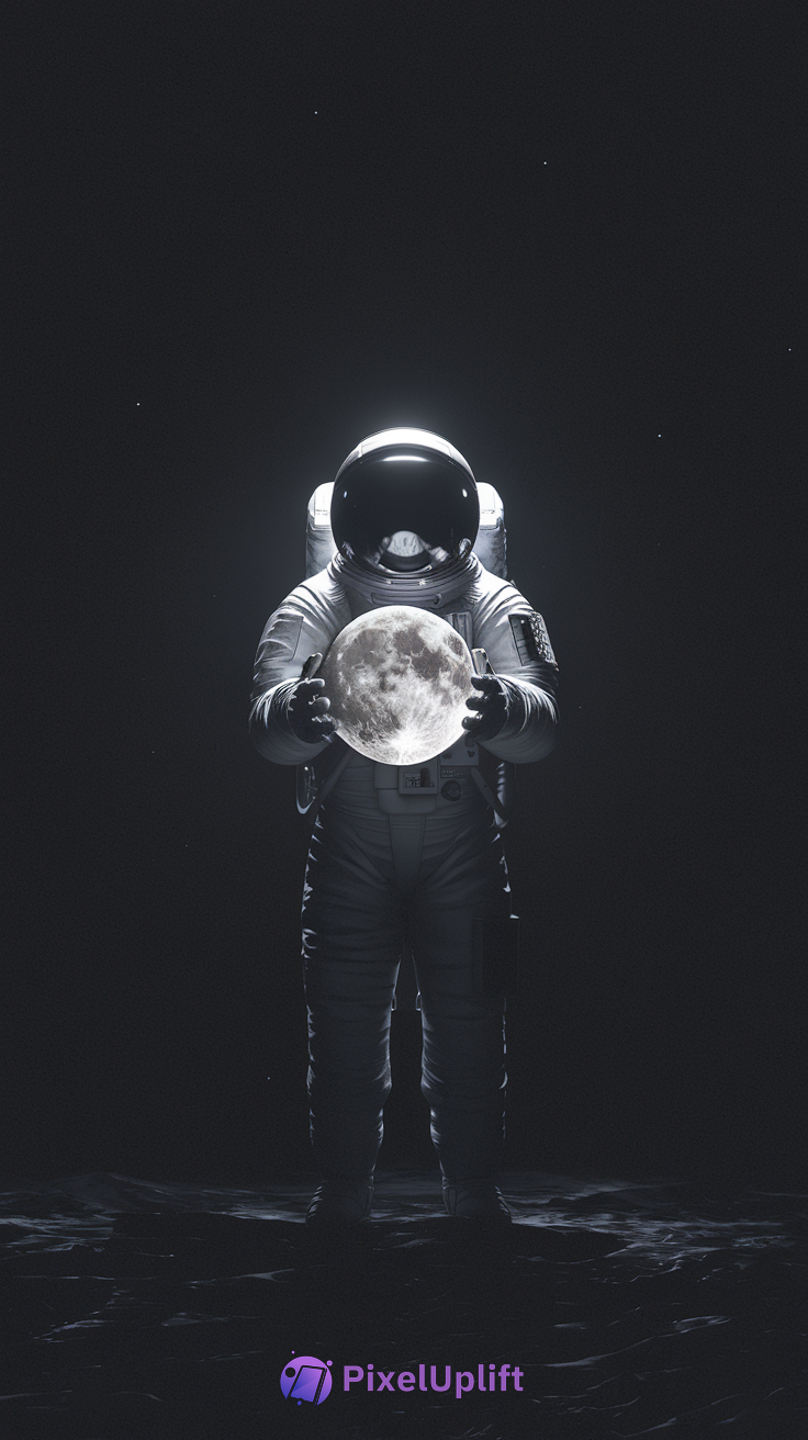 Astronaut holding a glowing full moon on dark moon-like surface with black space background and stars