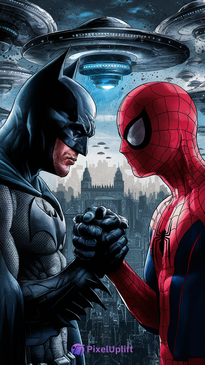 Dark Batman and Spider-Man phone wallpaper showing handshake in futuristic city with UFOs