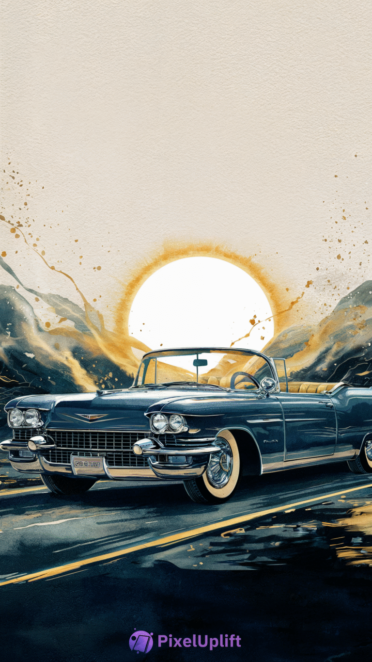 Dark blue vintage convertible car with chrome details on reflective road with abstract blue and gold brush stroke background and glowing sun