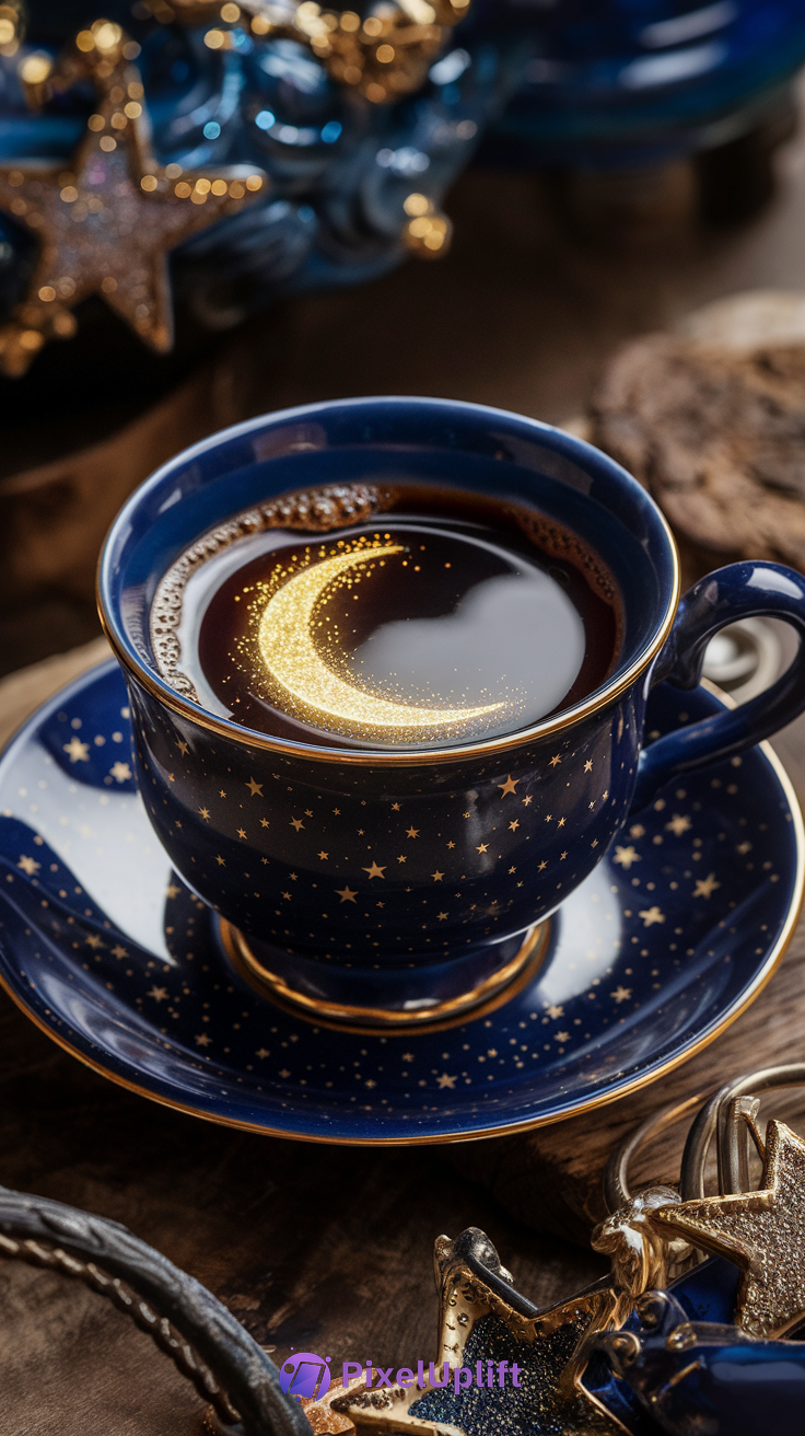Dark blue cup with golden star pattern filled with dark coffee and a crescent moon sparkle on top, cozy celestial phone wallpaper
