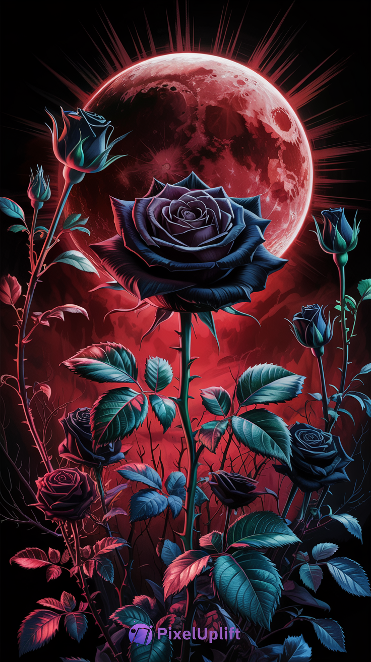 Dark blue roses with green leaves and a large red glowing moon on vivid red background phone wallpaper