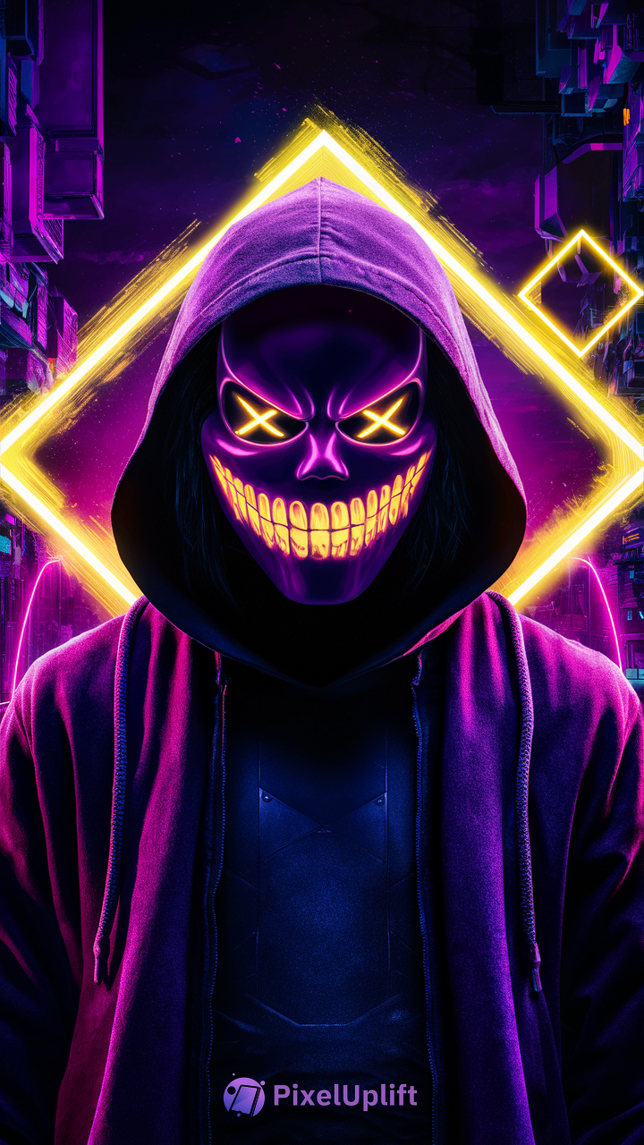 Eerie hooded figure with glowing yellow-orange mask in neon-lit cyberpunk cityscape phone wallpaper