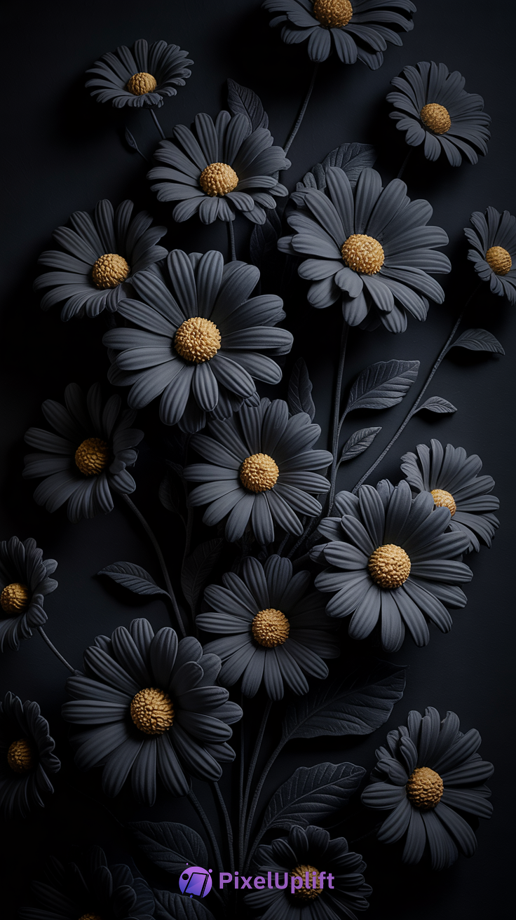 Close-up of dark matte black daisies with bright yellow centers on a dark background phone wallpaper
