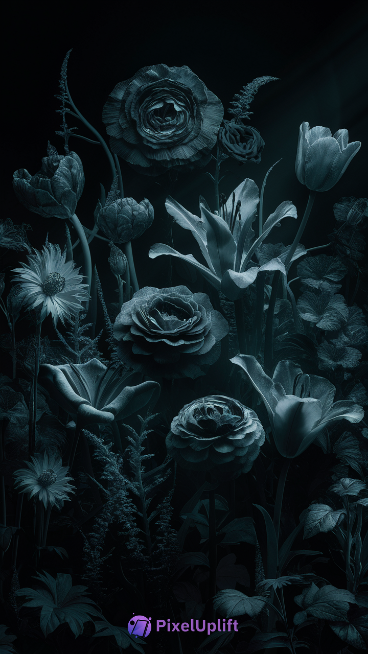 Dark moody floral phone wallpaper with blue-green tinted roses, tulips, lilies, and daisies in full bloom on a black background