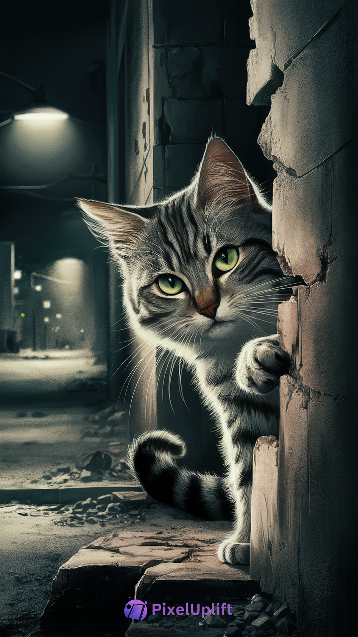 Close-up of a gray tabby cat with green eyes peering from behind a crumbling wall at night in an urban dark wallpaper