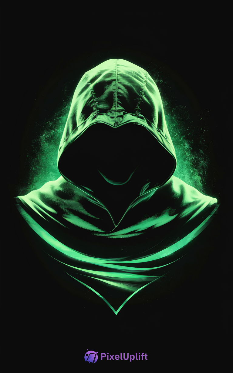 Mysterious hooded figure illuminated by glowing green light on black background phone wallpaper