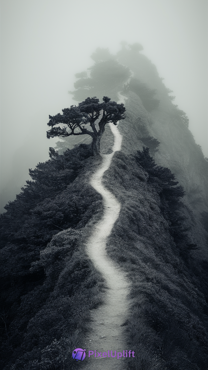 Dark misty forest trail phone wallpaper with winding path and foggy atmosphere