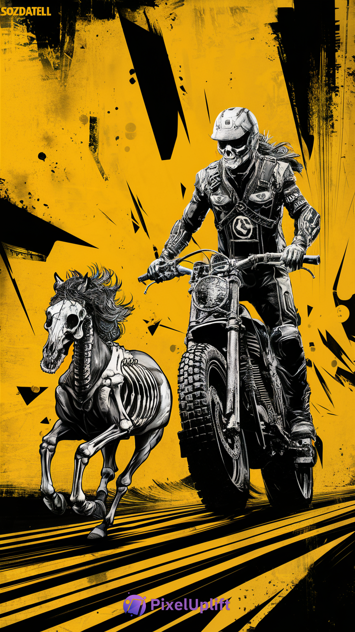 High contrast phone wallpaper featuring a skeletal rider on a dirt bike with a galloping skeletal horse on vivid yellow background