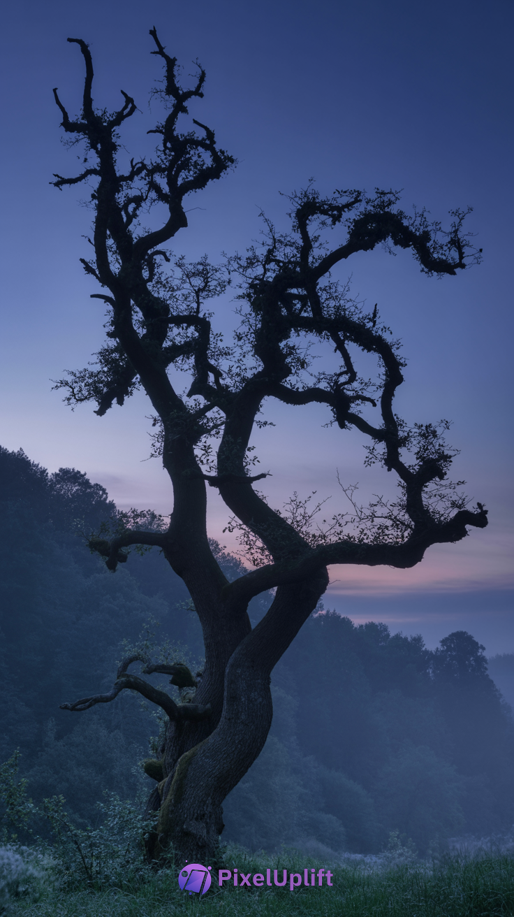 Silhouette of a solitary gnarled tree against a dusky sky with misty forest background phone wallpaper