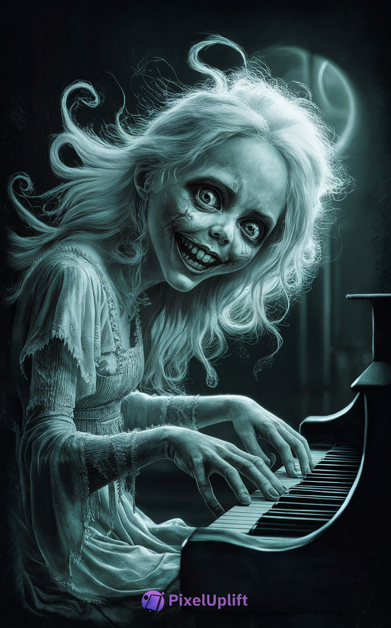 Eerie woman with pale skin and wild white hair playing piano in dark haunted room