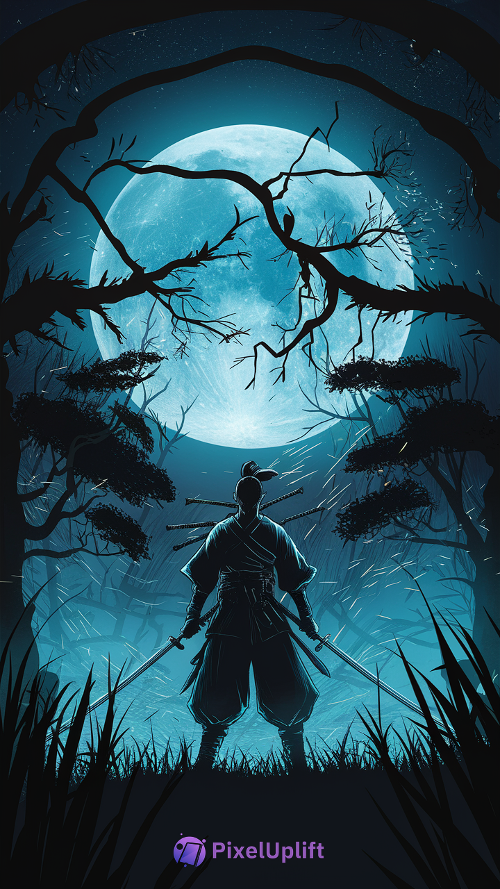 Silhouetted samurai with two swords under a bright full moon framed by dark twisted tree branches on a phone wallpaper