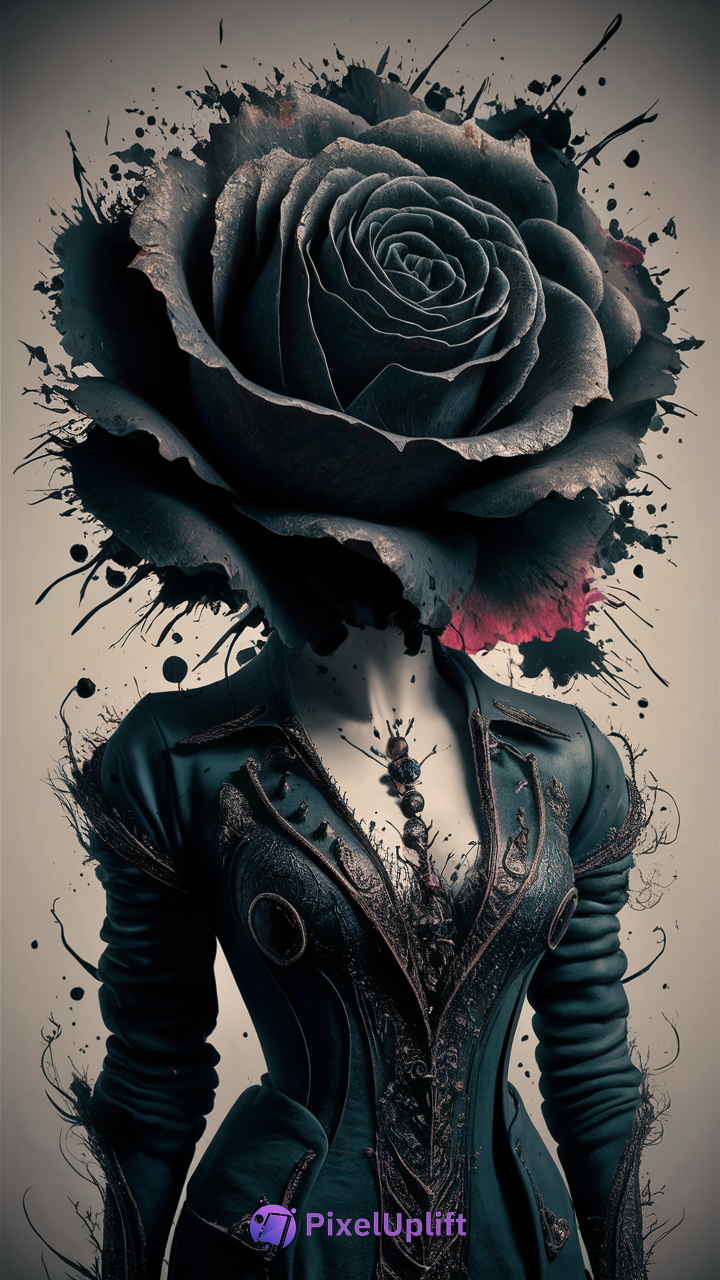 Surreal dark Victorian-style woman with black rose head and ink splatters phone wallpaper
