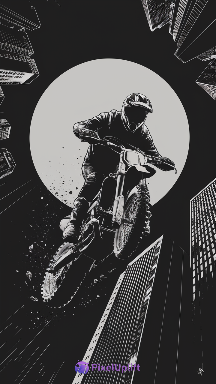 Black and white stylized motocross rider performing a jump in an urban environment with skyscrapers and bright circular background