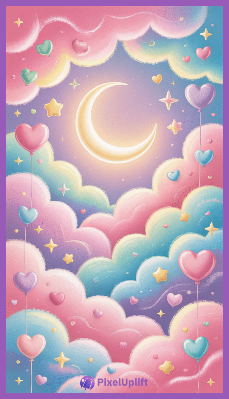 Whimsical glowing crescent moon phone wallpaper with pastel heart and star balloons floating among fluffy clouds on a purple to pink gradient sky
