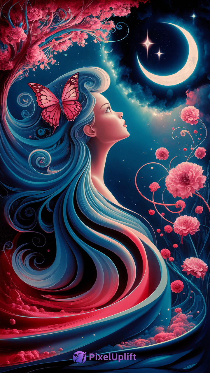 Surreal phone wallpaper with woman having flowing blue to red hair, pink butterfly, glowing crescent moon, stars, and pink blossoms in a cosmic night sky