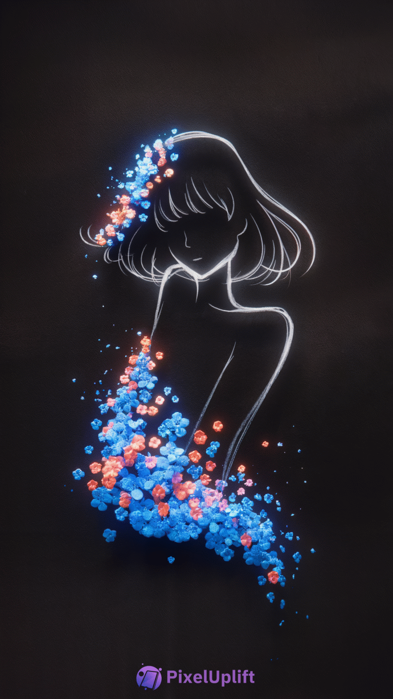 Minimalist white line drawing of a woman with short hair and closed eyes on dark background with vibrant blue and orange-red flowers swirling around her
