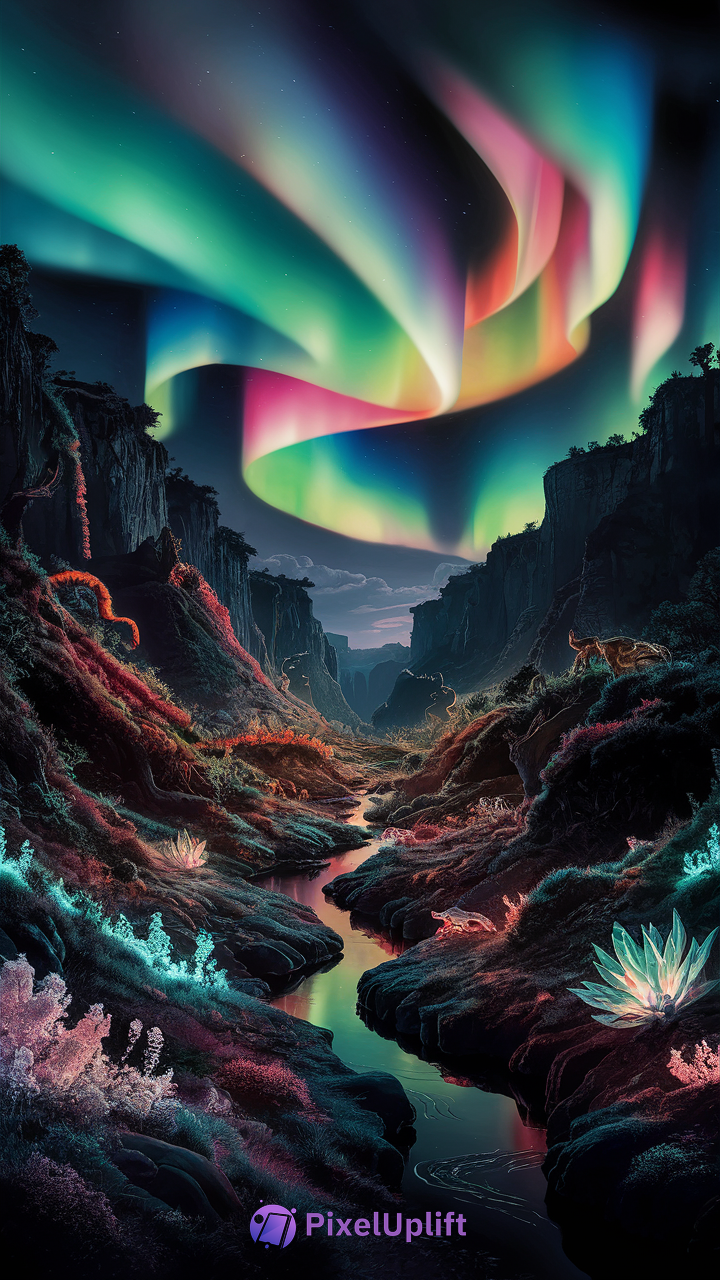 Stunning phone wallpaper of a narrow canyon with steep rocky cliffs illuminated by vibrant northern lights in green, blue, pink, and purple hues, featuring a reflective stream and glowing blue, purple, and red vegetation in a fantasy landscape