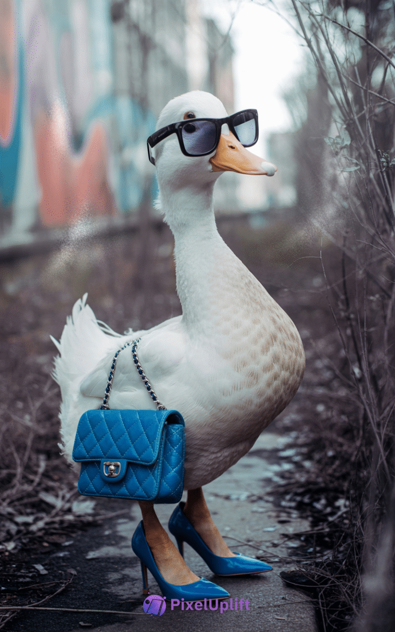 White duck wearing oversized black sunglasses, blue quilted handbag, and blue high-heeled shoes in an urban outdoor setting