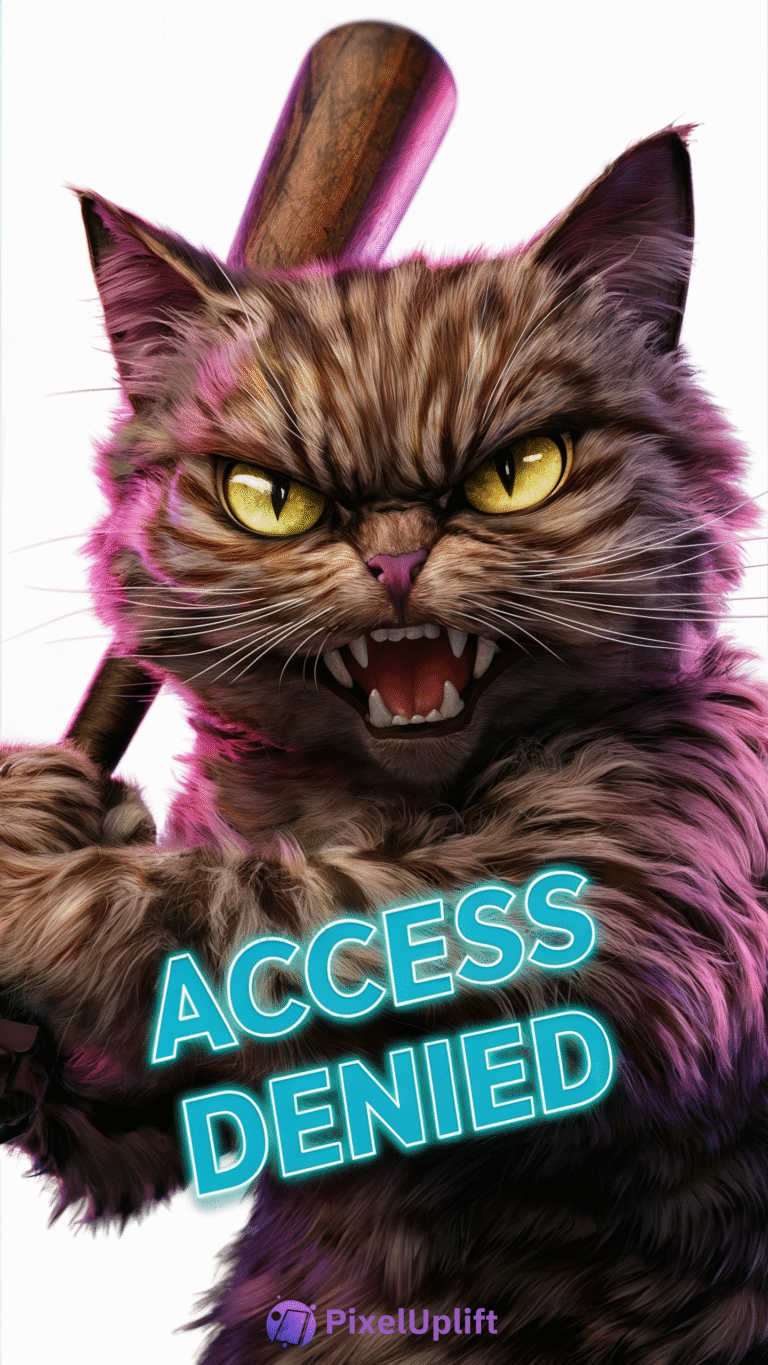 Angry cat with yellow eyes holding a wooden baseball bat with ACCESS DENIED neon blue text and pinkish purple lighting