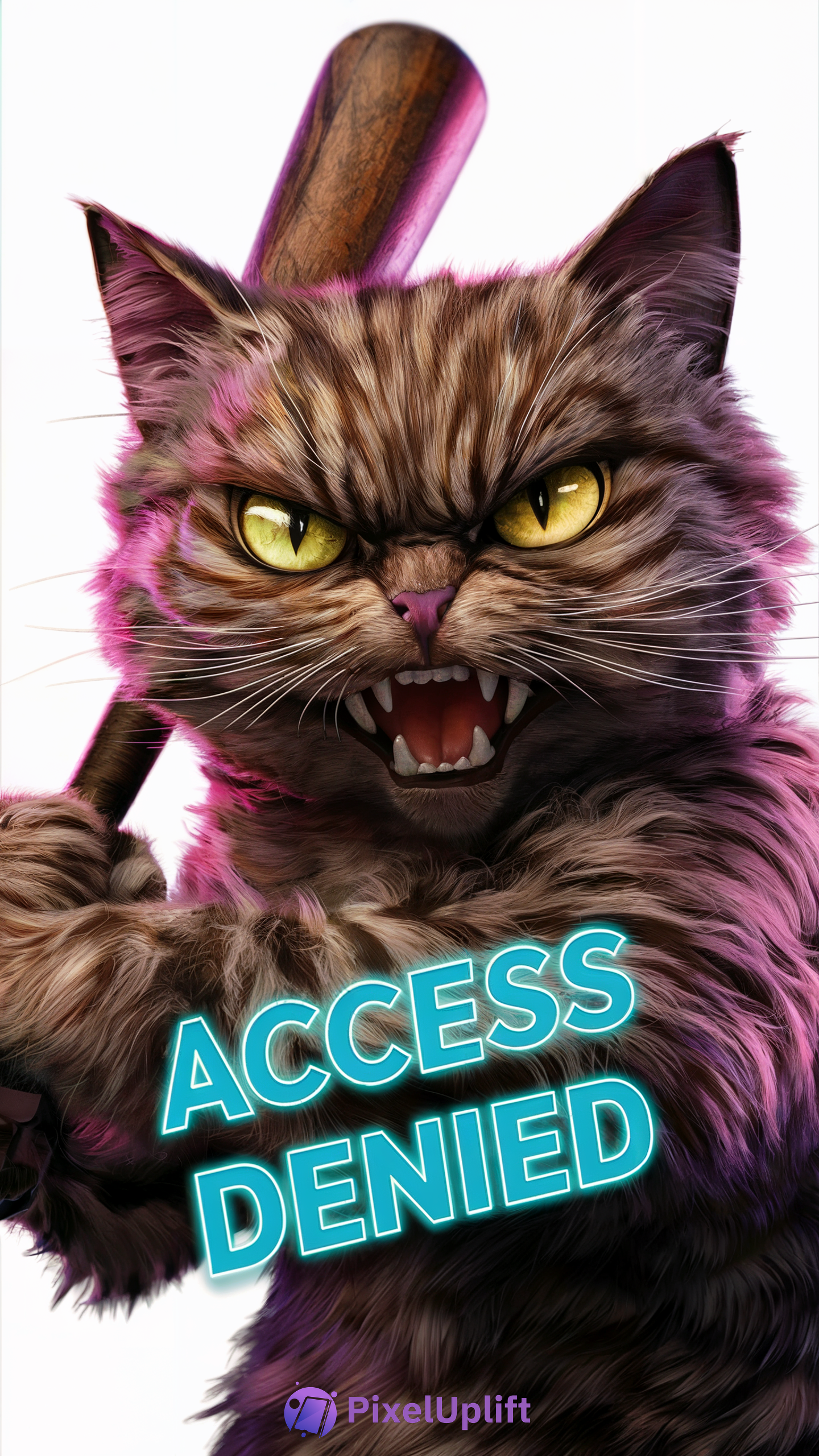 Angry cat with yellow eyes holding a wooden baseball bat with ACCESS DENIED neon blue text and pinkish purple lighting