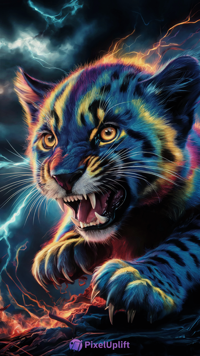 Vivid fierce tiger cub illustration with glowing blue, yellow, and purple fur, open mouth showing sharp teeth, surrounded by lightning and fiery embers