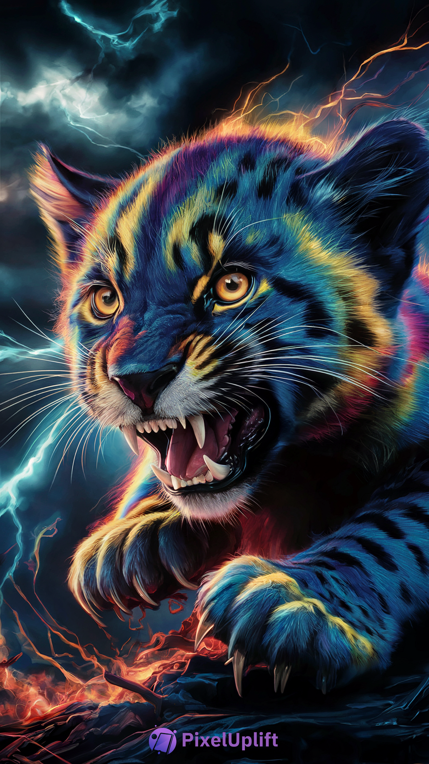 Vivid fierce tiger cub illustration with glowing blue, yellow, and purple fur, open mouth showing sharp teeth, surrounded by lightning and fiery embers