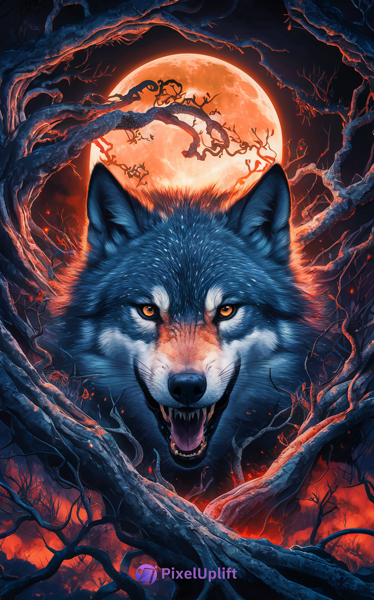 Fierce snarling wolf with glowing orange eyes in front of a bright full orange moon and dark twisted trees phone wallpaper