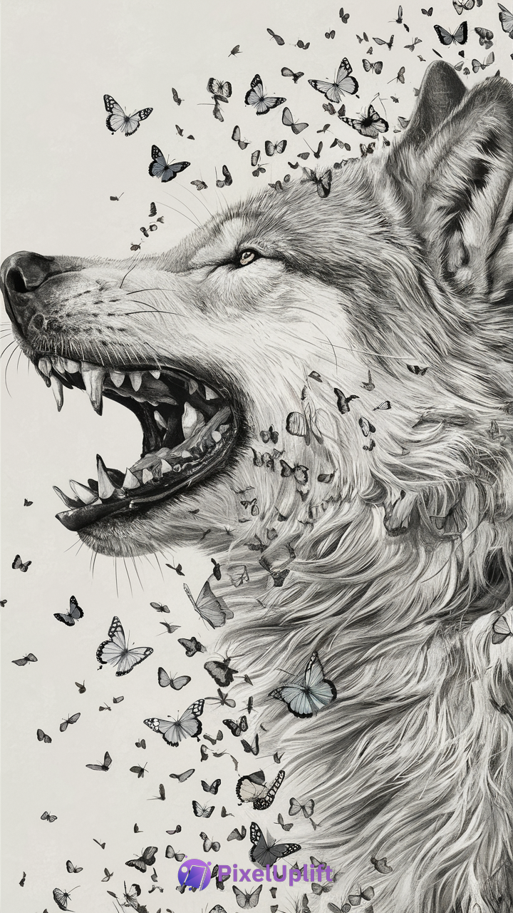 Monochrome artistic drawing of a fierce wolf with open mouth and detailed fur surrounded by swirling butterflies on a plain background