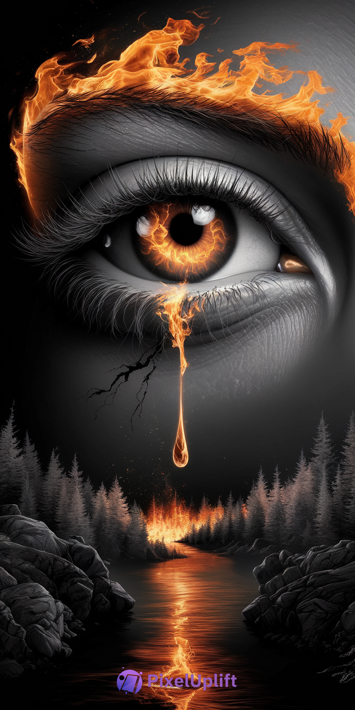 Surreal phone wallpaper of a large grayscale eye with vibrant orange flames in the iris and eyebrow, fiery tear flowing into a reflective river with a flaming forest in the dark background