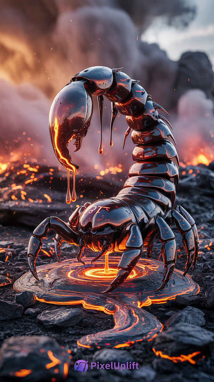 Giant molten lava scorpion glowing with fiery orange and red hues on dark rocky lava terrain