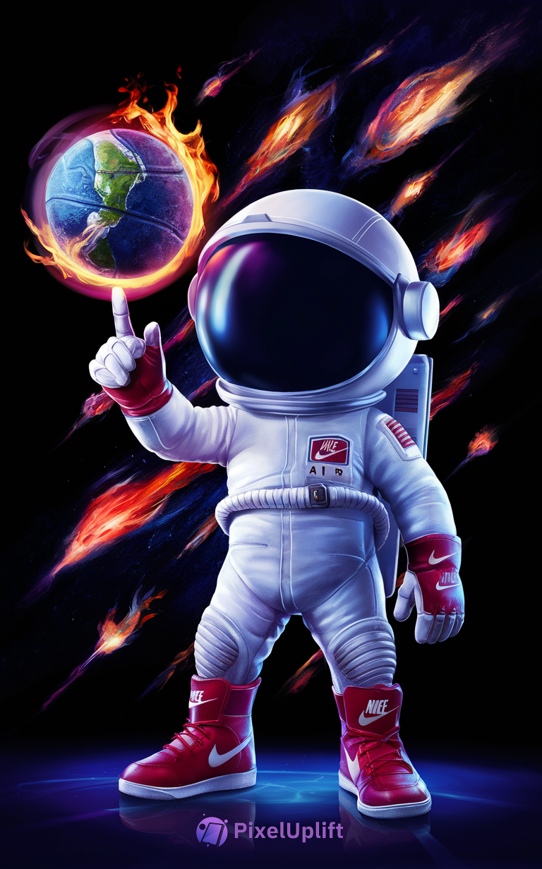 Astronaut in white spacesuit with red gloves and sneakers spinning a fiery Earth basketball on a reflective surface with fiery comets in dark sky background