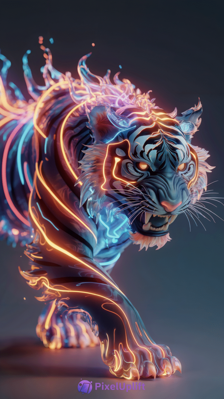 Futuristic neon tiger phone wallpaper with glowing orange, blue, and purple lines on a dark background