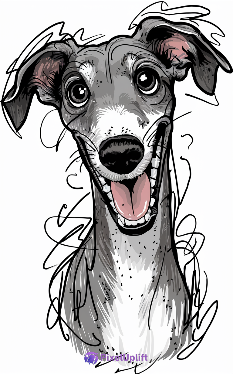 Happy greyhound dog digital illustration with gray and white fur on white background
