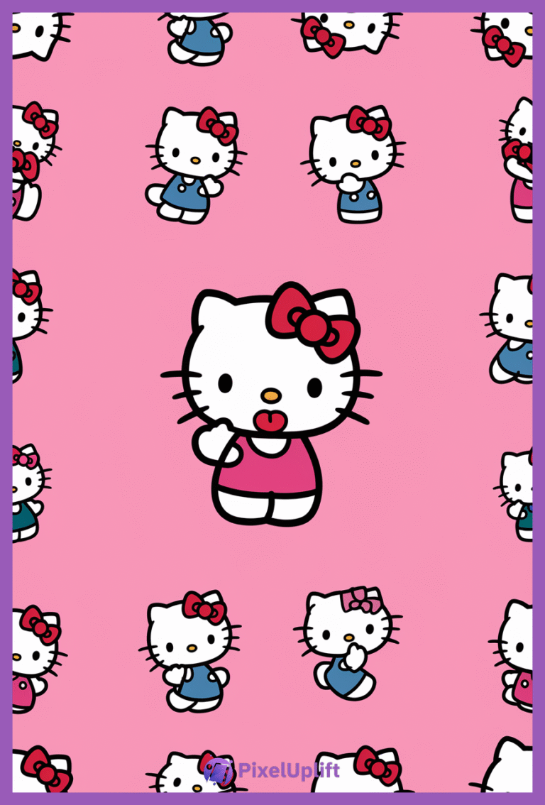 Hello Kitty pattern phone wallpaper with multiple poses and outfits on pink background