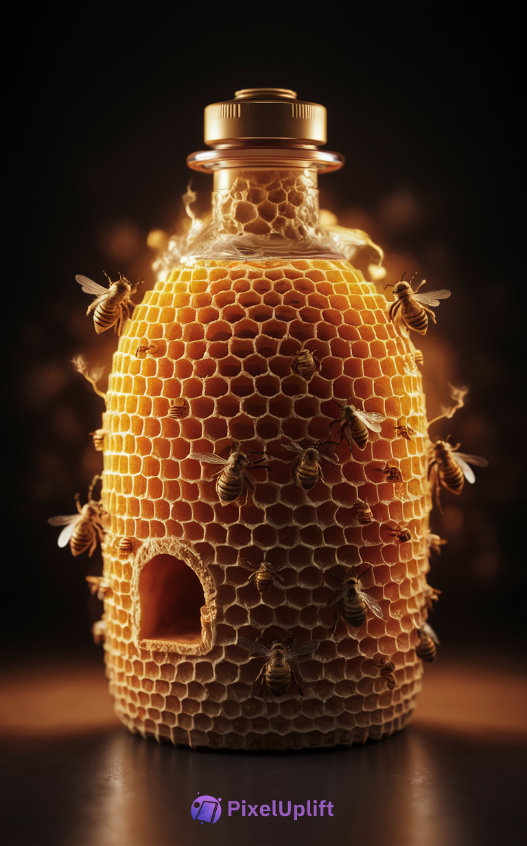 Creative phone wallpaper of a bottle covered in a golden honeycomb pattern with bees on a dark background