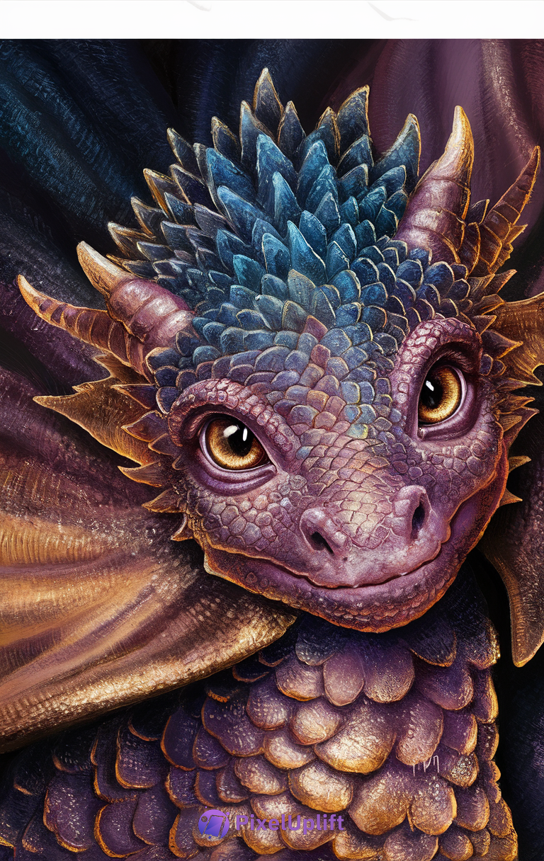 Close-up of a majestic dragon with purple, blue, and gold scales on a dark background, suitable as a phone wallpaper