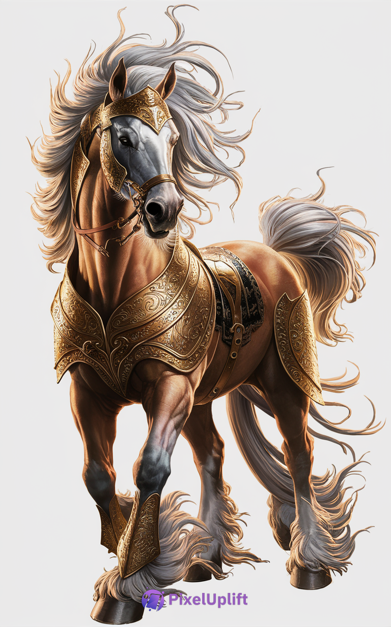 Majestic light brown horse with flowing silvery-gray mane wearing intricate golden armor on plain light background phone wallpaper