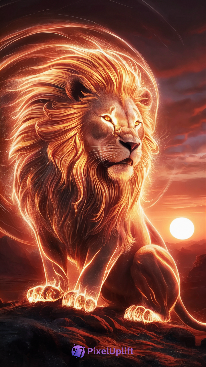 Majestic lion with glowing fiery mane sitting on rocky terrain at sunset, creating a powerful and mystical phone wallpaper