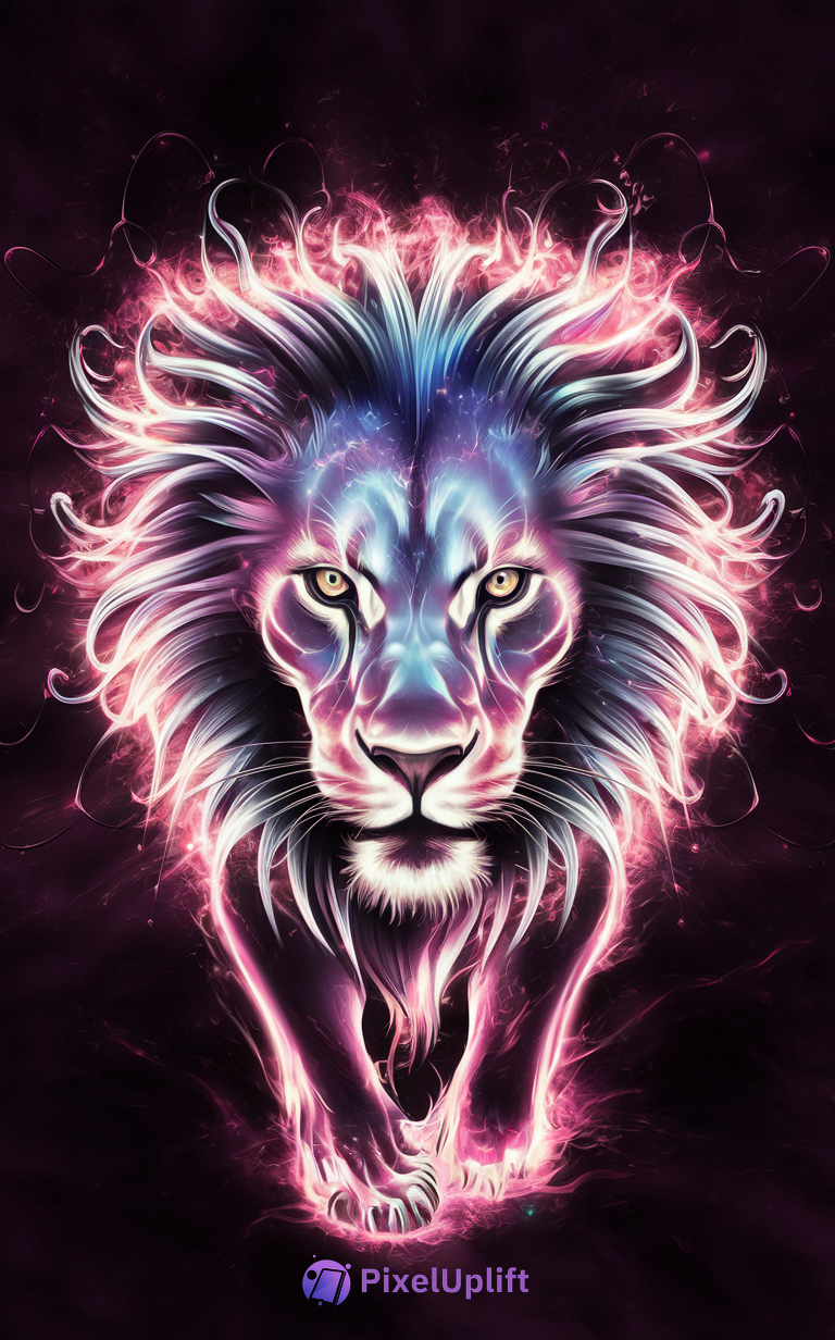 Majestic neon lion phone wallpaper with glowing golden eyes and vibrant pink, purple, and blue mane on dark background