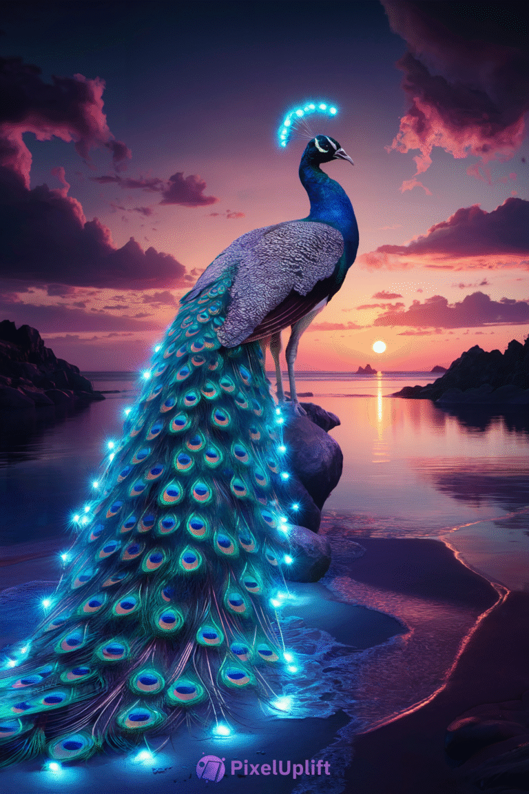 Majestic peacock standing on a rock by a calm body of water during sunset with glowing blue feathers and dramatic purple, pink, and orange sky
