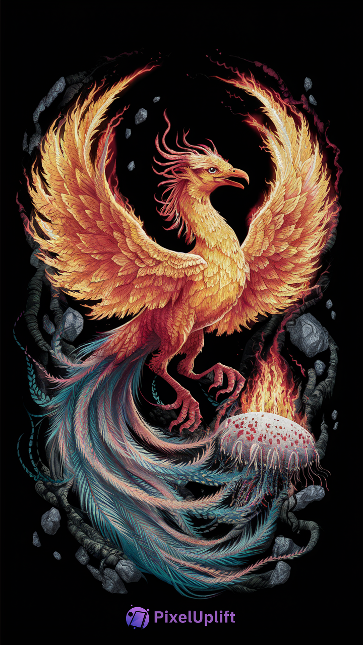 Vibrant mythical phoenix rising with fiery orange, yellow, and red feathers against black background with dark smoky tendrils and ornate hatching egg
