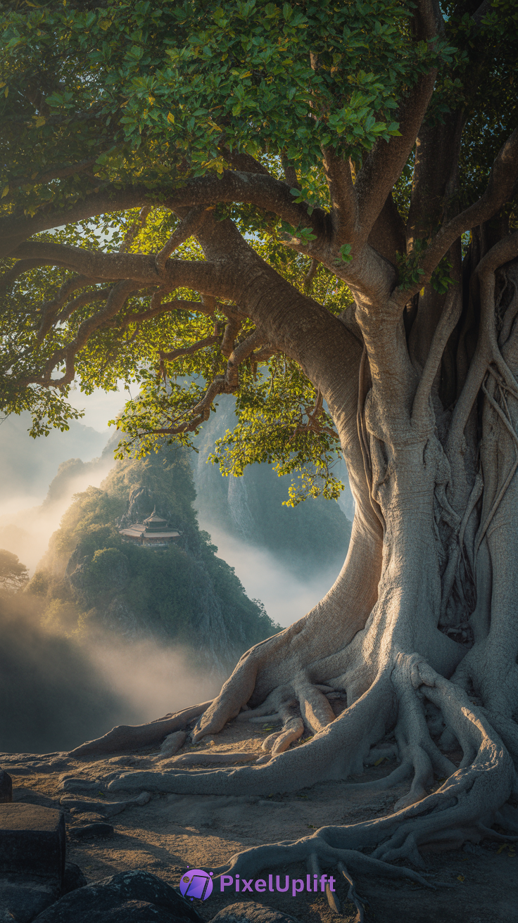 Majestic ancient tree with sprawling roots and lush green canopy in front of misty mountains and traditional pavilion, serene phone wallpaper lockscreen