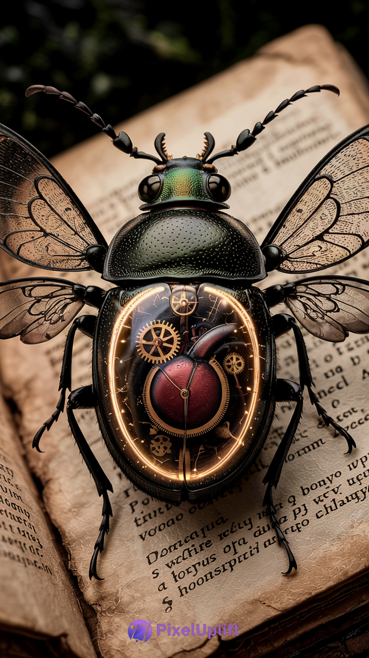 Close-up of a steampunk mechanical beetle on yellowed vintage book pages, phone wallpaper HD background