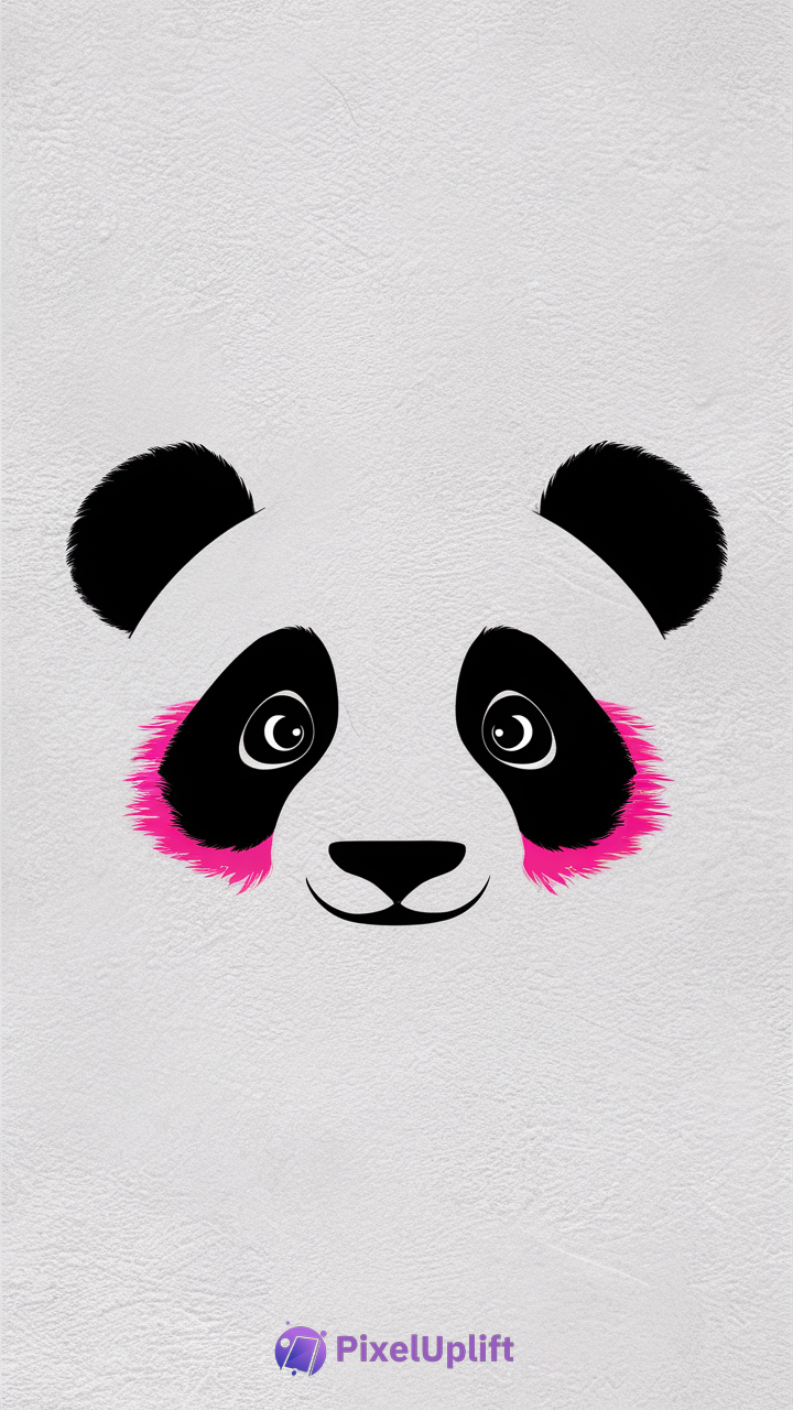 Minimalist panda face phone wallpaper with black ears, black eye patches, pink brushstroke accents and white textured background