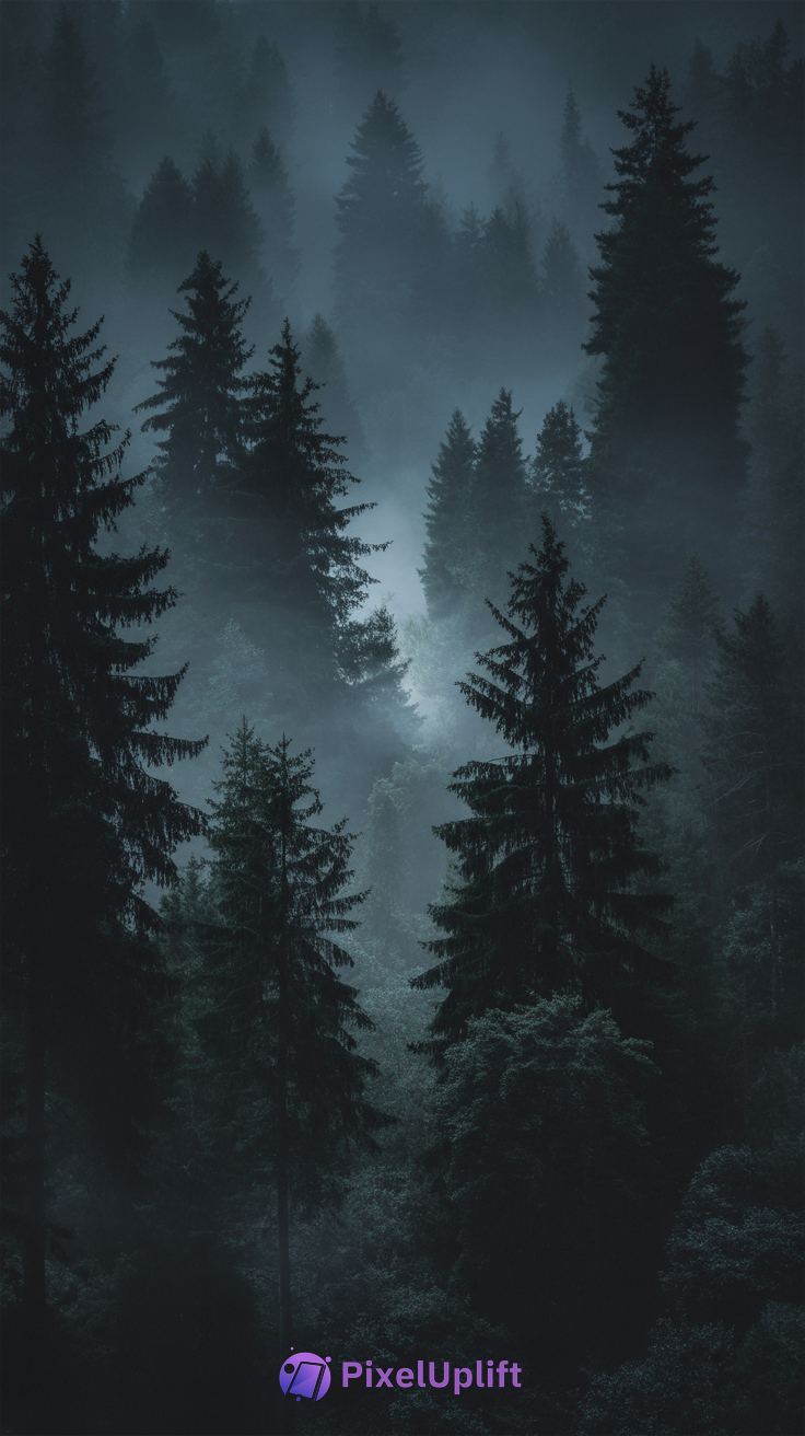 Misty forest scene with tall dark pine trees shrouded in fog, creating a tranquil and ethereal phone wallpaper