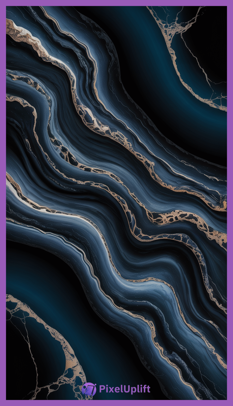 Abstract phone wallpaper lockscreen with flowing wave-like patterns in blue, black, and metallic gold accents